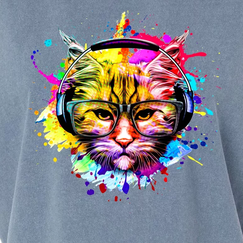 Rainbow Paint Hipster DJ Cat Garment-Dyed Women's Muscle Tee