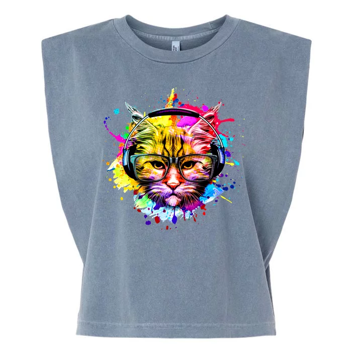 Rainbow Paint Hipster DJ Cat Garment-Dyed Women's Muscle Tee