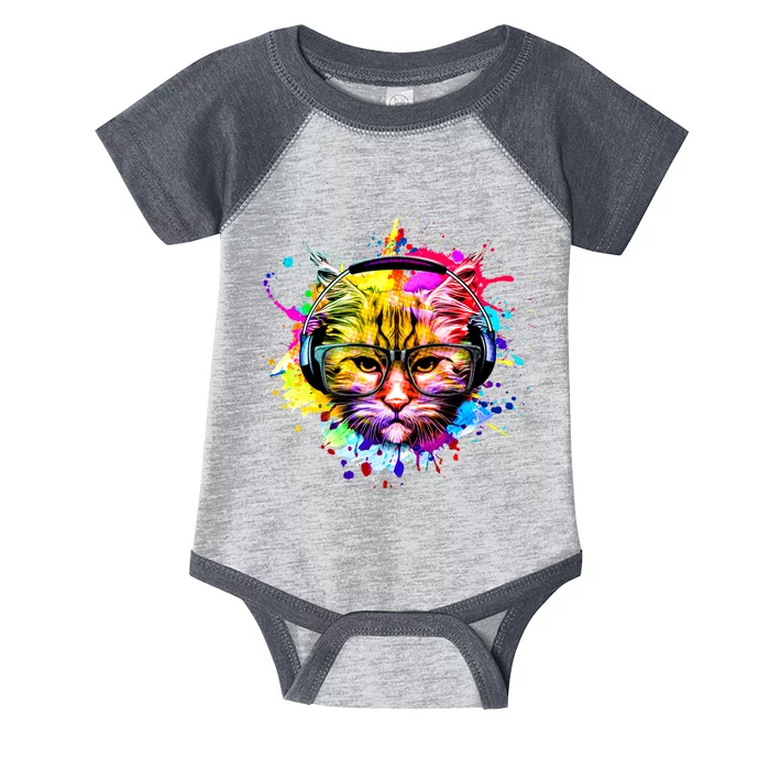 Rainbow Paint Hipster DJ Cat Infant Baby Jersey Bodysuit