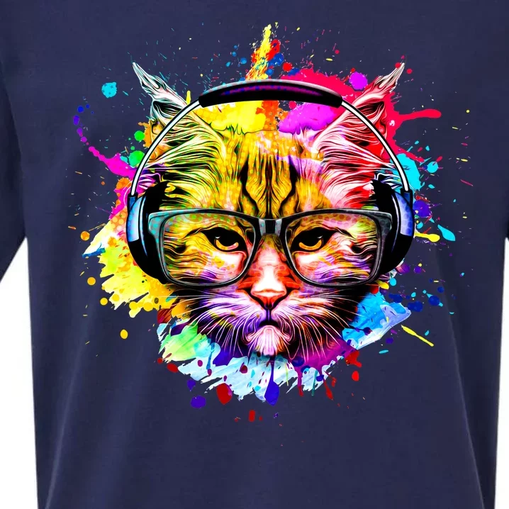 Rainbow Paint Hipster DJ Cat Sueded Cloud Jersey T-Shirt