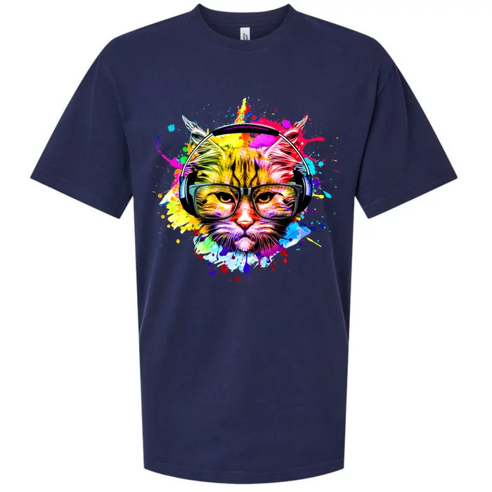 Rainbow Paint Hipster DJ Cat Sueded Cloud Jersey T-Shirt