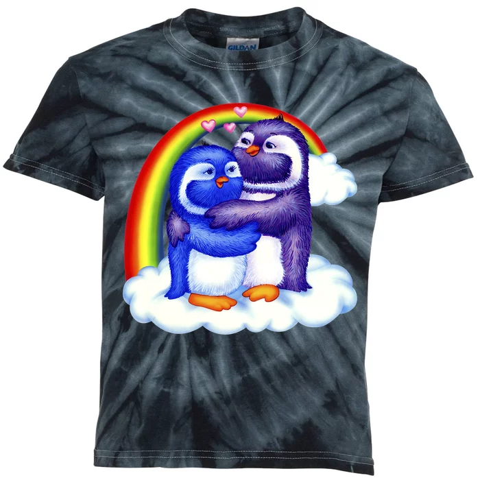 Rainbow Penguin Love Birds Kids Tie-Dye T-Shirt