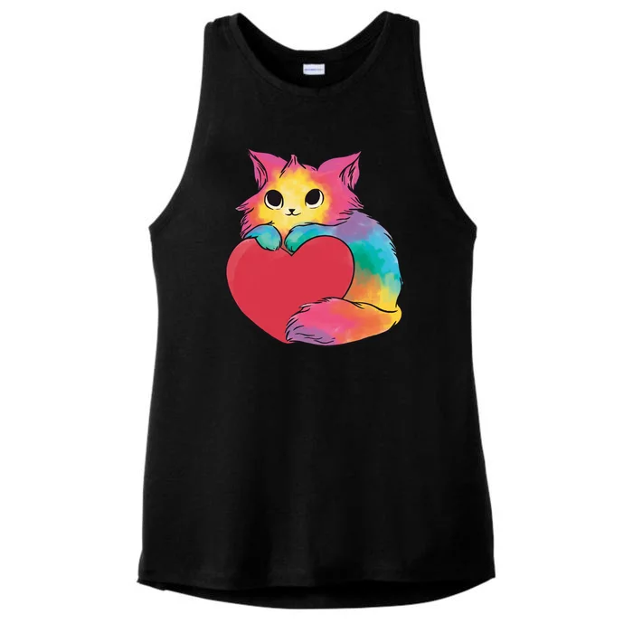 Rainbow Valentine Kitten Ladies Tri-Blend Wicking Tank