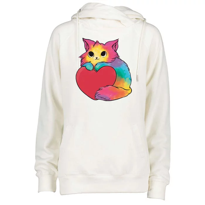 Rainbow Valentine Kitten Womens Funnel Neck Pullover Hood