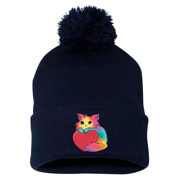 Rainbow Valentine Kitten Pom Pom 12in Knit Beanie