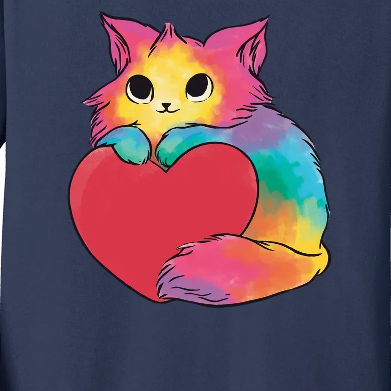 Rainbow Valentine Kitten Kids Long Sleeve Shirt