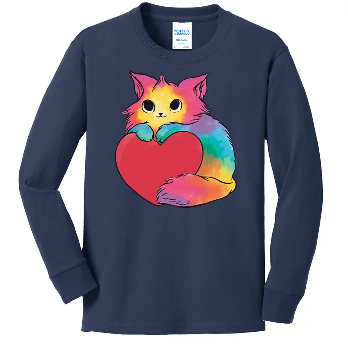 Rainbow Valentine Kitten Kids Long Sleeve Shirt