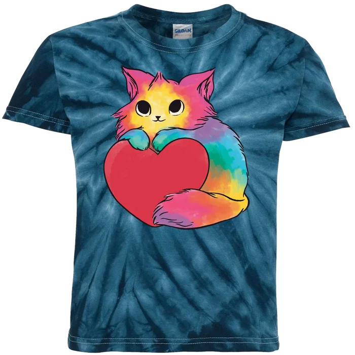 Rainbow Valentine Kitten Kids Tie-Dye T-Shirt