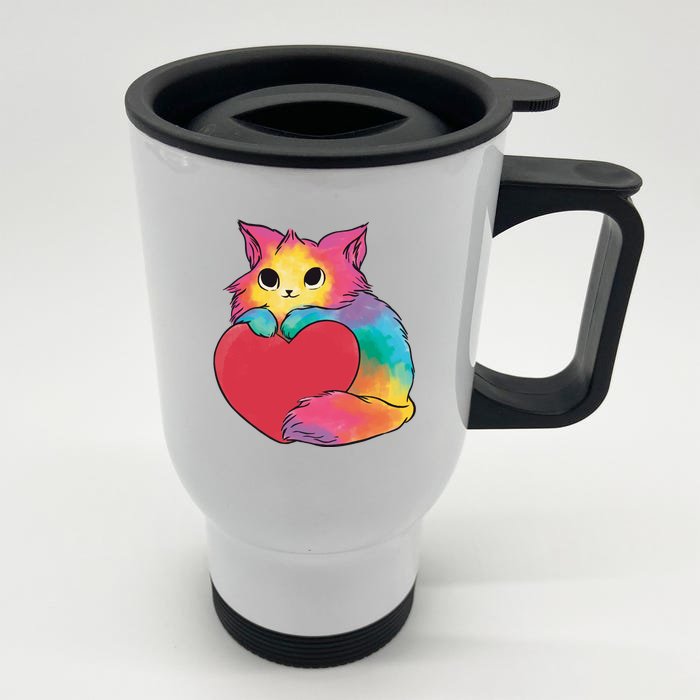 Rainbow Valentine Kitten Front & Back Stainless Steel Travel Mug