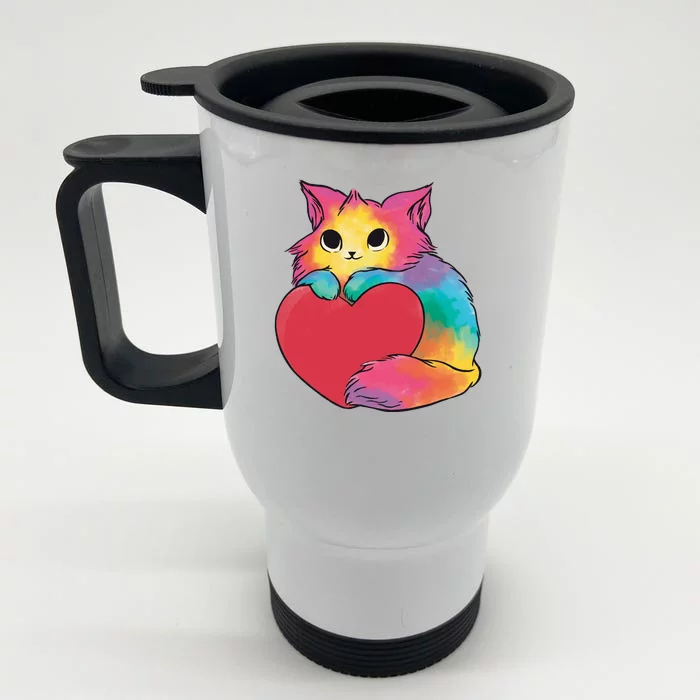 Rainbow Valentine Kitten Front & Back Stainless Steel Travel Mug