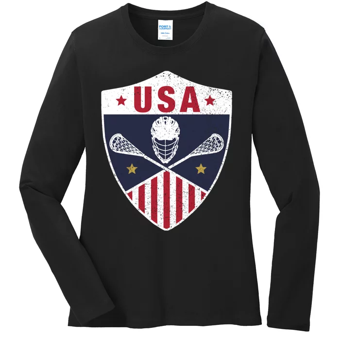 Retro American Lacrosse I Proud USA Lax Player Gift Ladies Long Sleeve Shirt