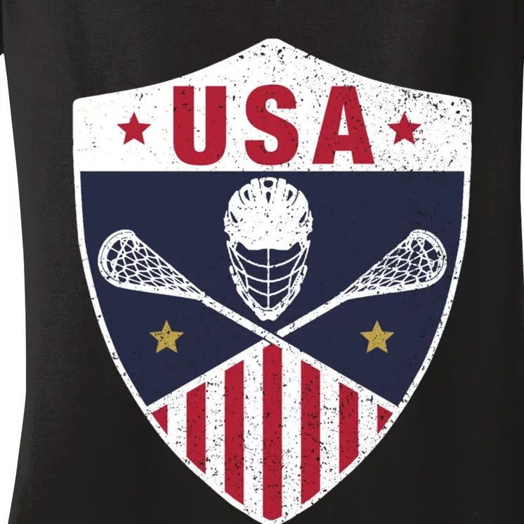 Retro American Lacrosse I Proud USA Lax Player Gift Women's V-Neck T-Shirt