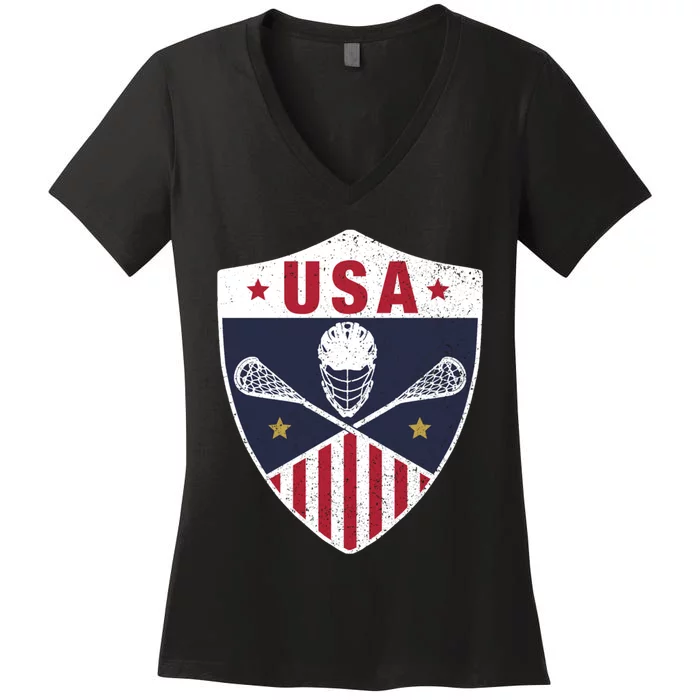 Retro American Lacrosse I Proud USA Lax Player Gift Women's V-Neck T-Shirt