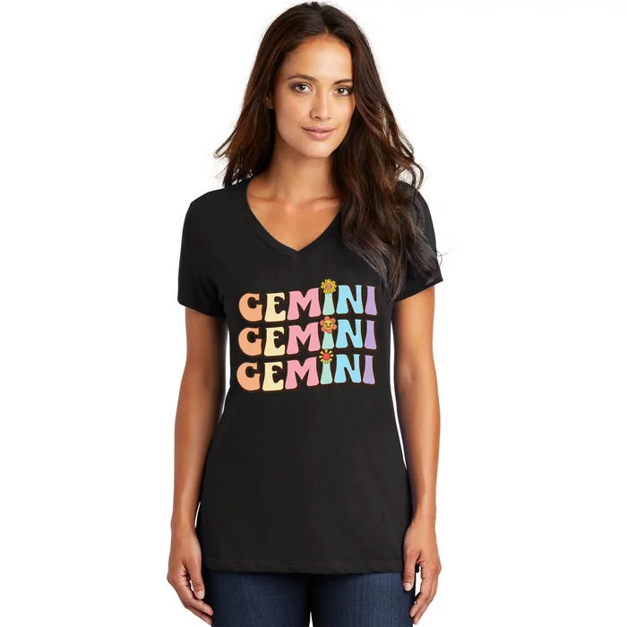 Retro Astrology May or June birthday Zodiac sign Gemini Women's V-Neck T-Shirt