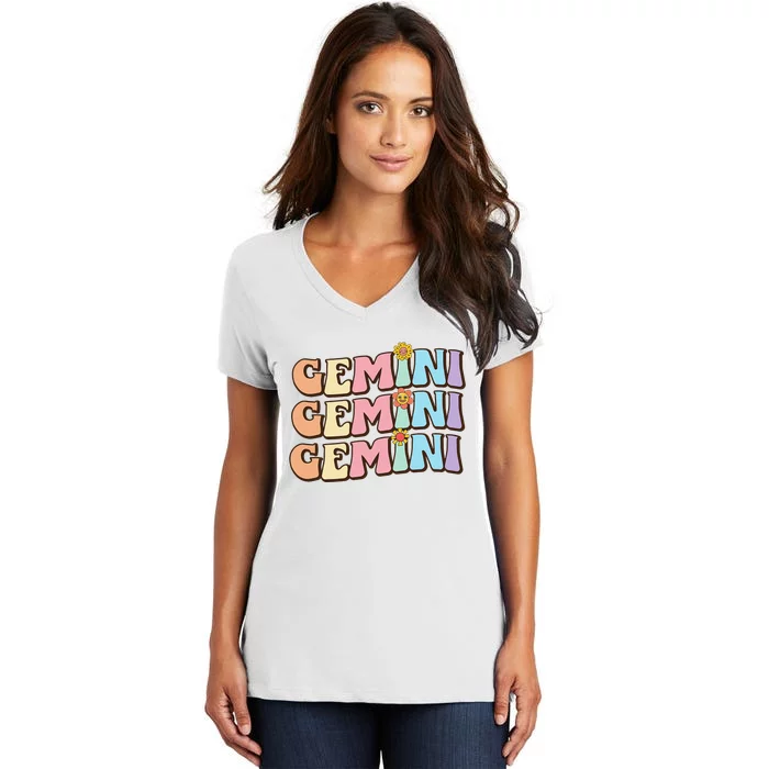 Retro Astrology May or June birthday Zodiac sign Gemini Women's V-Neck T-Shirt