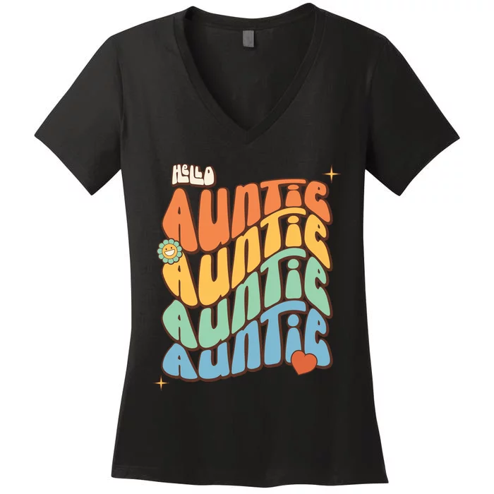 Retro Auntie New Aunt Wavy Words Baby Women's V-Neck T-Shirt