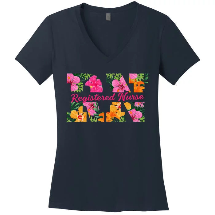 Rn Aloha Nurse Tropical Flowers Summer Hawaii Rn Beach Vibe Women's V-Neck T-Shirt