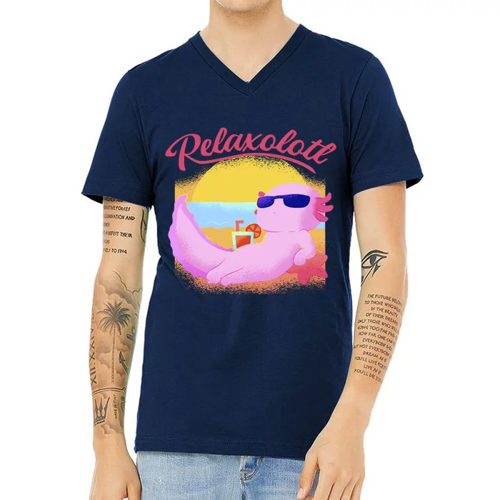 Relaxolotl Axolotl On Vacation Summer Beach Fun In The Sun V-Neck T-Shirt