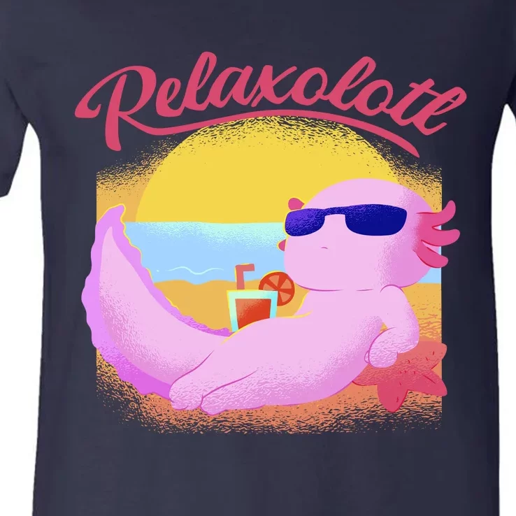 Relaxolotl Axolotl On Vacation Summer Beach Fun In The Sun V-Neck T-Shirt