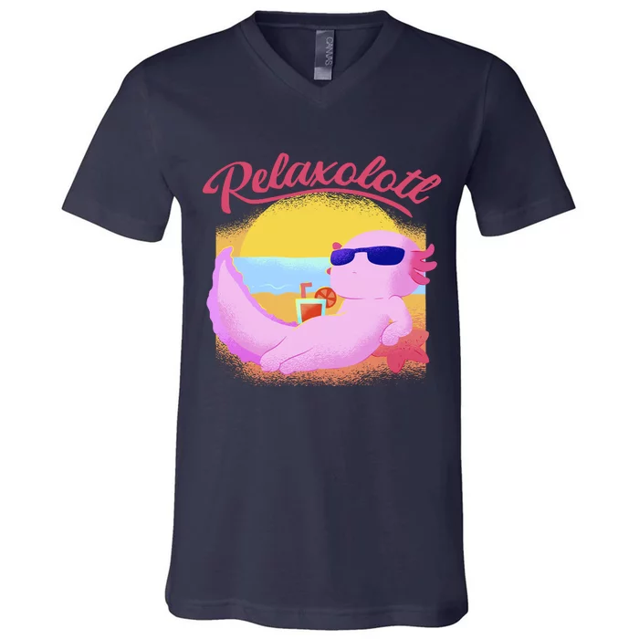 Relaxolotl Axolotl On Vacation Summer Beach Fun In The Sun V-Neck T-Shirt