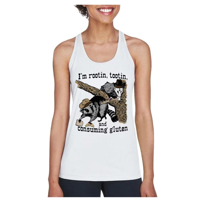 Raccoon And Opossum I’M Rootin Tootin And Consuming Gluten Women's Racerback Tank