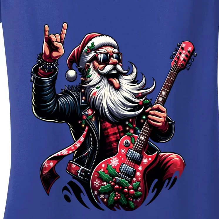 Rock And Roll Christmas Santa Claus Guitar Player Gift Women's V-Neck T-Shirt