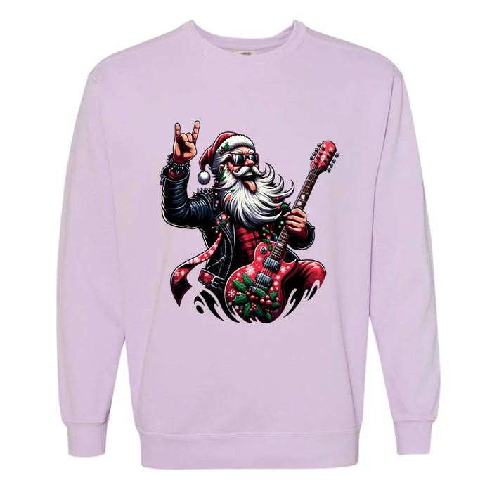 Rock And Roll Christmas Santa Claus Guitar Player Gift Garment-Dyed Sweatshirt