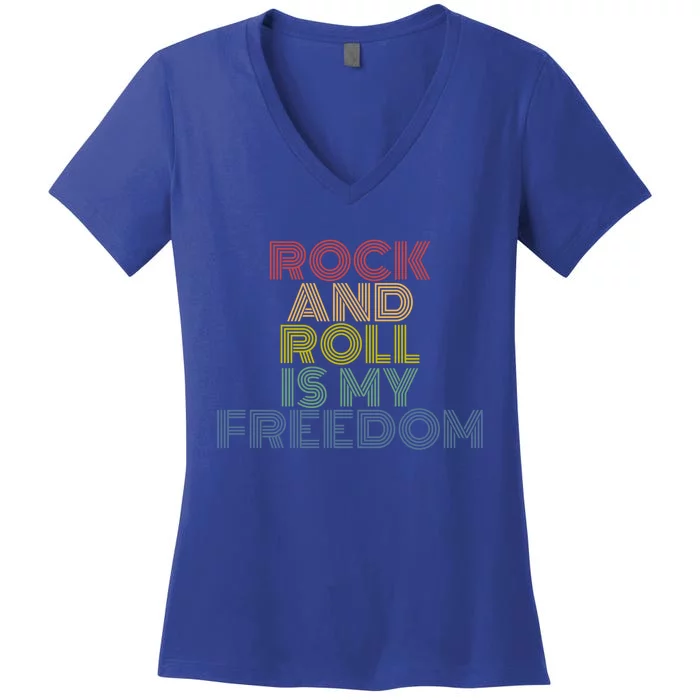 Rock And Roll Is My Freedom Retro 70s Vintage Funny Gift Women's V-Neck T-Shirt