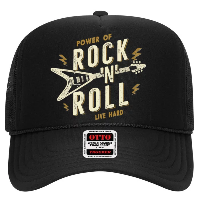 Rock And Roll Vintage Guitar Retro Music Lover Souvenir High Crown Mesh Trucker Hat