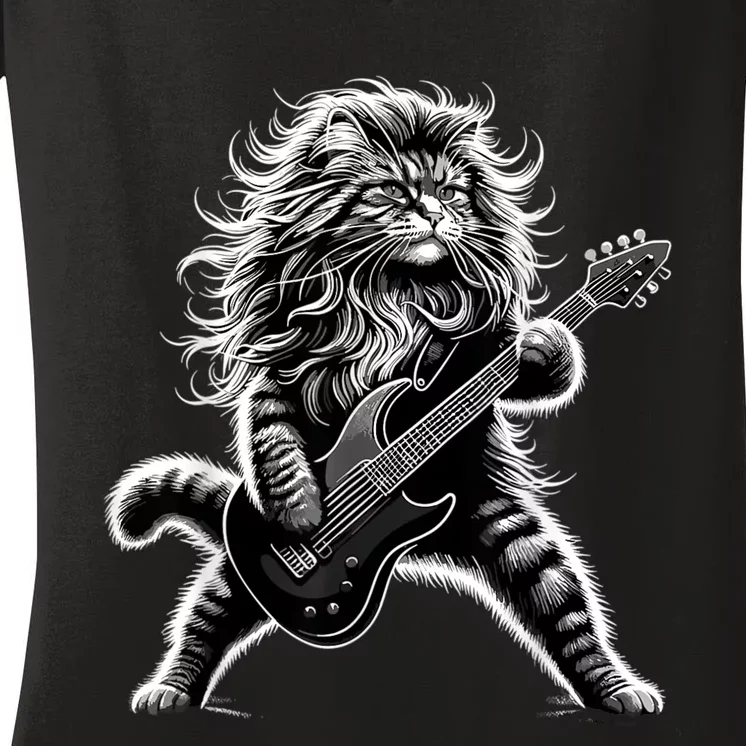 Rock And Roll Cat Playing Guitar Women's V-Neck T-Shirt