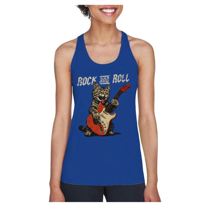 Rock And Roll Guitar Cat Vintage Rock Guitarist Cat Women's Racerback Tank