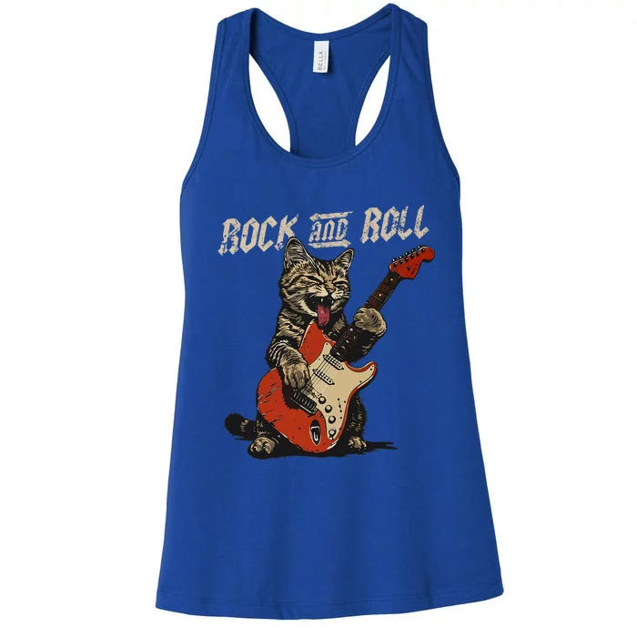 Rock And Roll Guitar Cat Vintage Rock Guitarist Cat Women's Racerback Tank