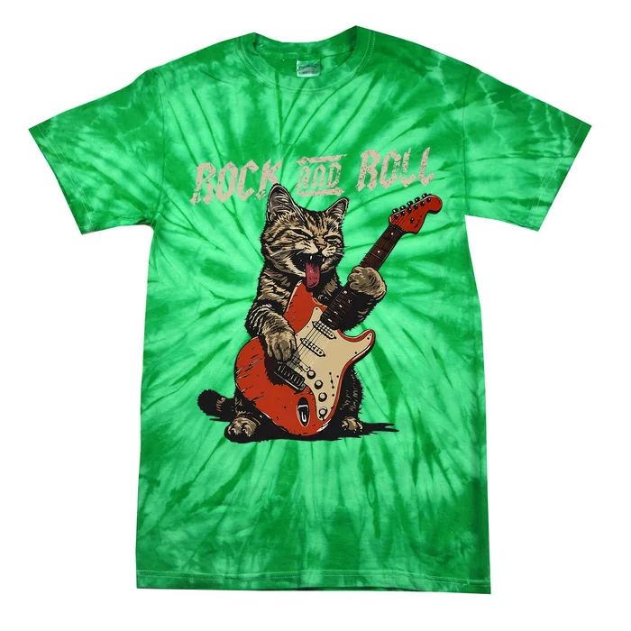 Rock And Roll Guitar Cat Vintage Rock Guitarist Cat Tie-Dye T-Shirt