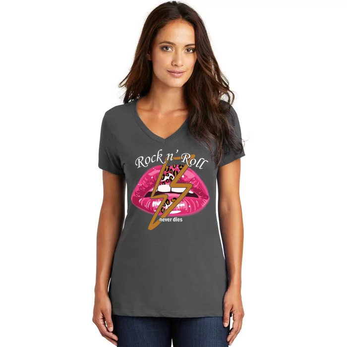 Rock And Roll Never Dies Lips Women's V-Neck T-Shirt