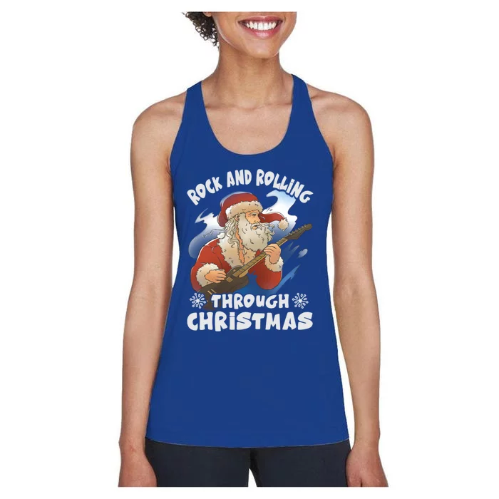 Rock And Rolling Through Christmas Funny Guitar Santa Cute Gift Women's Racerback Tank