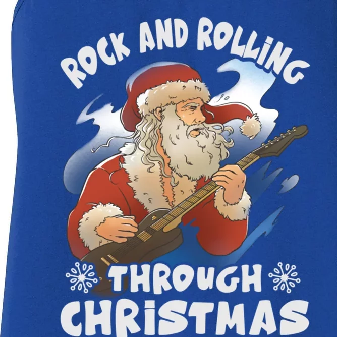 Rock And Rolling Through Christmas Funny Guitar Santa Cute Gift Women's Racerback Tank