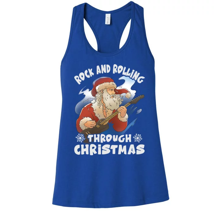 Rock And Rolling Through Christmas Funny Guitar Santa Cute Gift Women's Racerback Tank