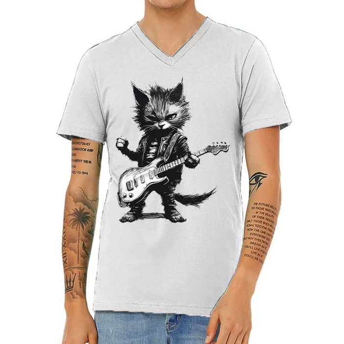 Rock And Roll Cat Guitar V-Neck T-Shirt