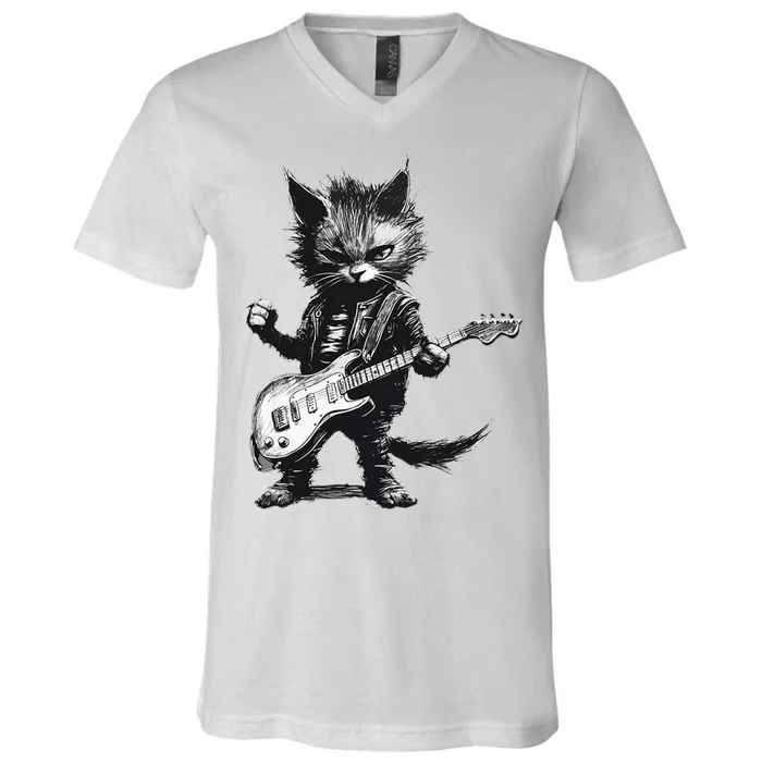 Rock And Roll Cat Guitar V-Neck T-Shirt