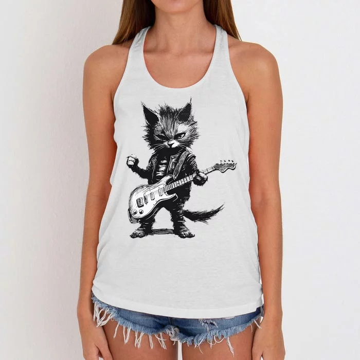 Rock And Roll Cat Guitar Women's Knotted Racerback Tank