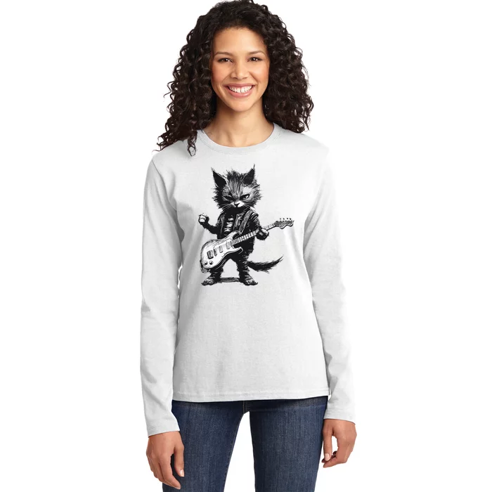 Rock And Roll Cat Guitar Ladies Long Sleeve Shirt