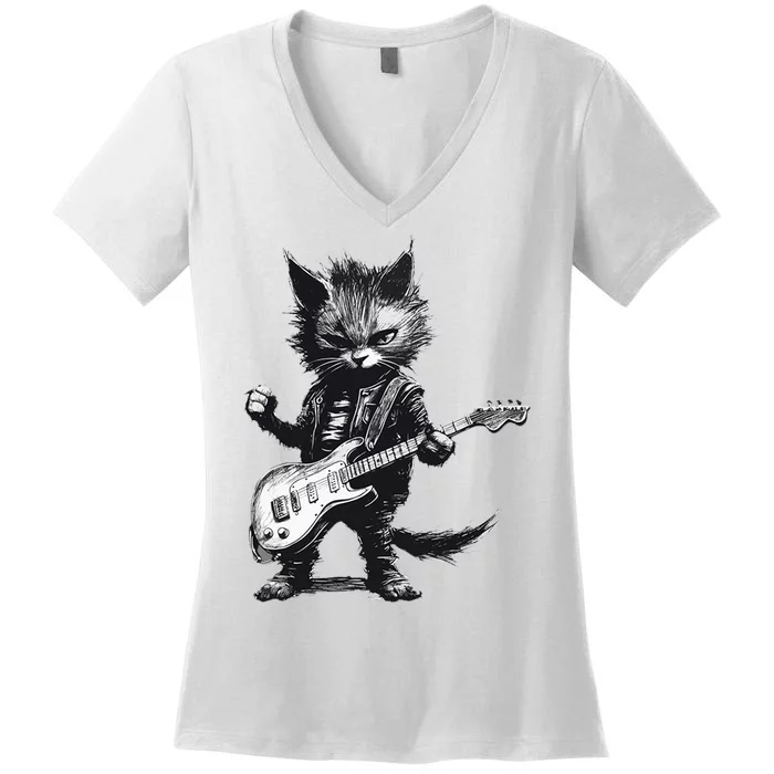 Rock And Roll Cat Guitar Women's V-Neck T-Shirt