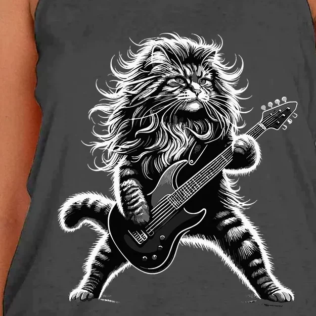 Rock And Roll Cat Playing Guitar Women's Knotted Racerback Tank