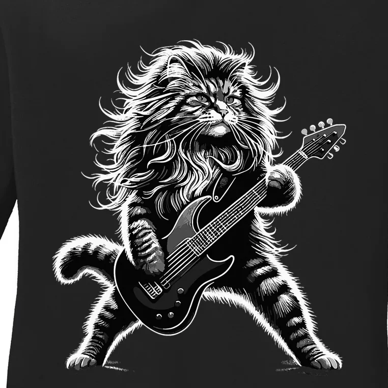 Rock And Roll Cat Playing Guitar Ladies Long Sleeve Shirt