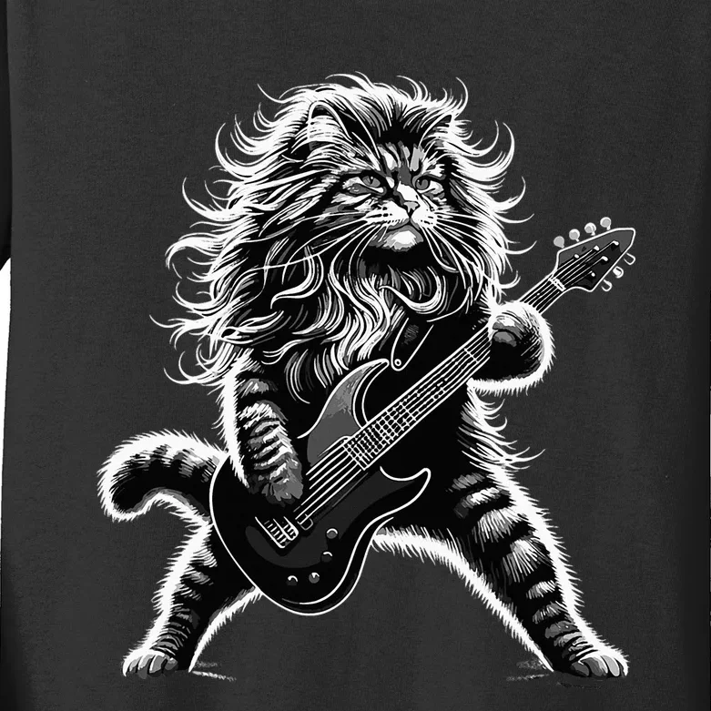 Rock And Roll Cat Playing Guitar Kids Long Sleeve Shirt