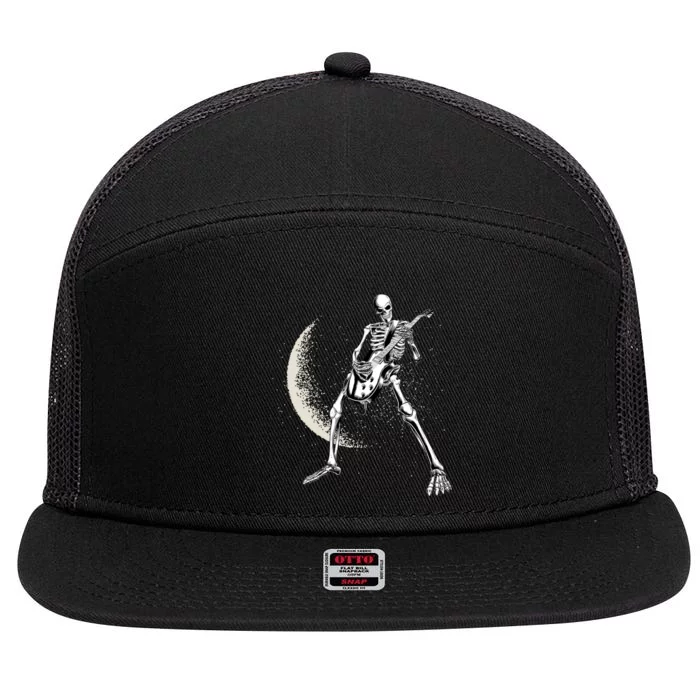 Rock And Roll Skeleton Moon Guitar 7 Panel Mesh Trucker Snapback Hat