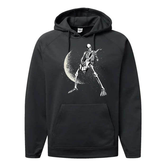 Rock And Roll Skeleton Moon Guitar Performance Fleece Hoodie