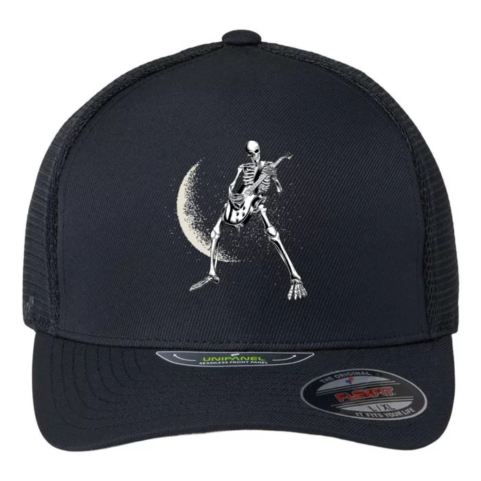 Rock And Roll Skeleton Moon Guitar Flexfit Unipanel Trucker Cap