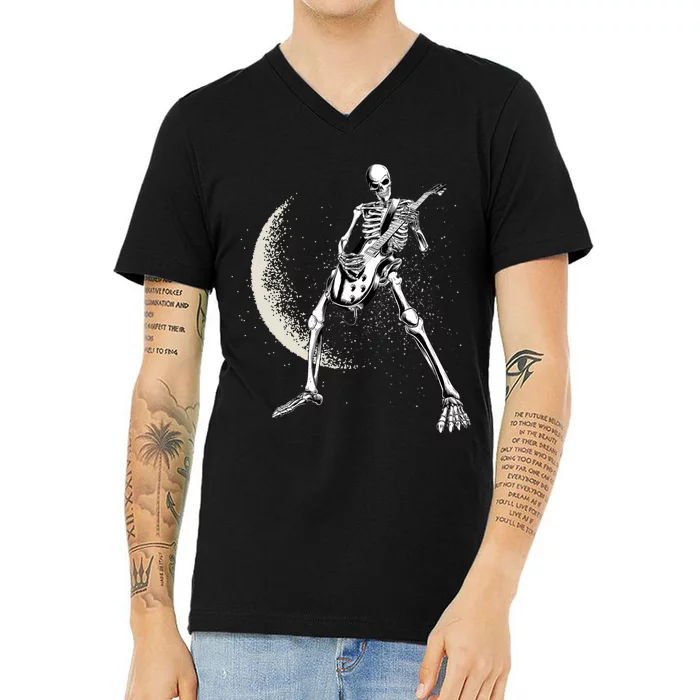 Rock And Roll Skeleton Moon Guitar V-Neck T-Shirt