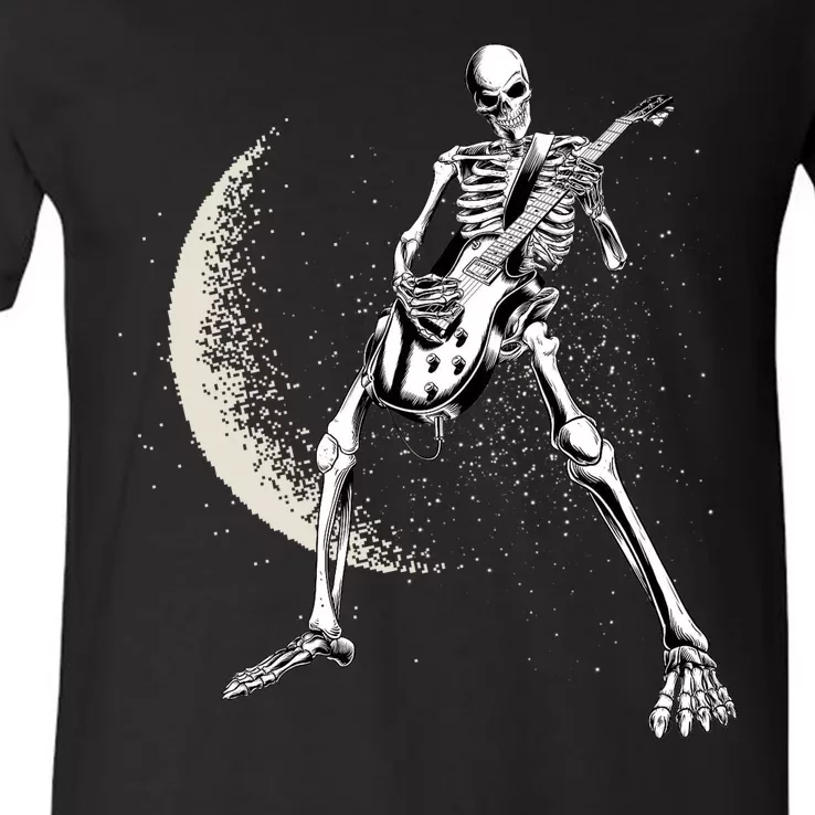 Rock And Roll Skeleton Moon Guitar V-Neck T-Shirt